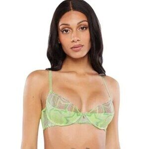 Savage X Fenty Sheer Mesh Embroidered Star Plunge Bra 32D Lime Green